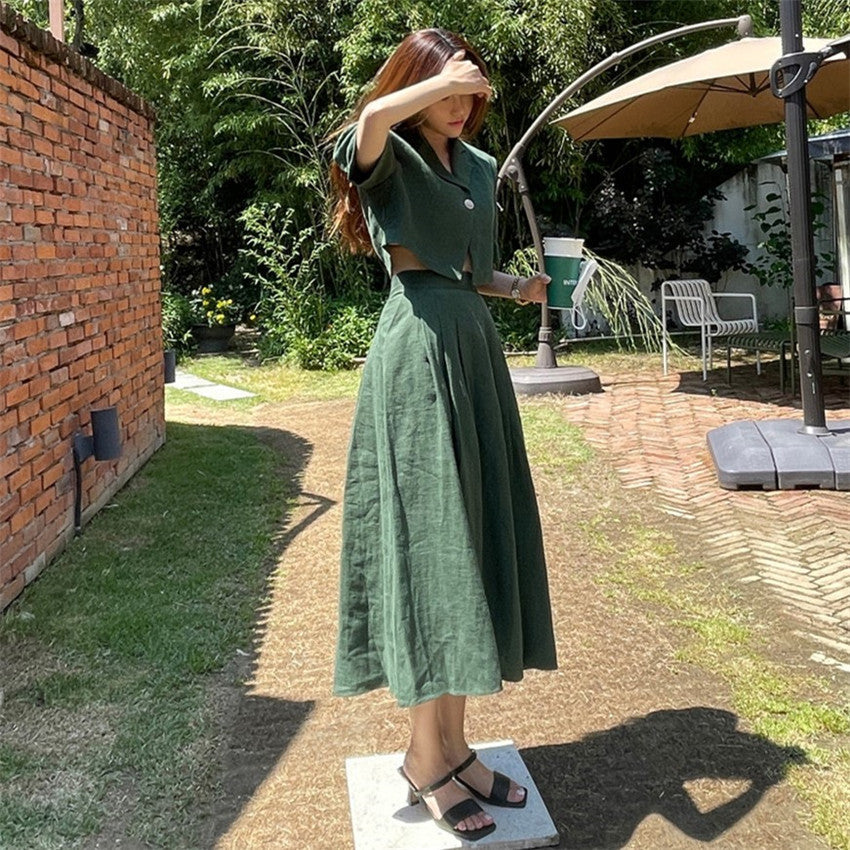 Cotton Linen Skirt 2 Two Piece Sets Outfits Female Short Sleeve Blazer Suits with High Waist - MERGE.DAY.1.FREESTYLE