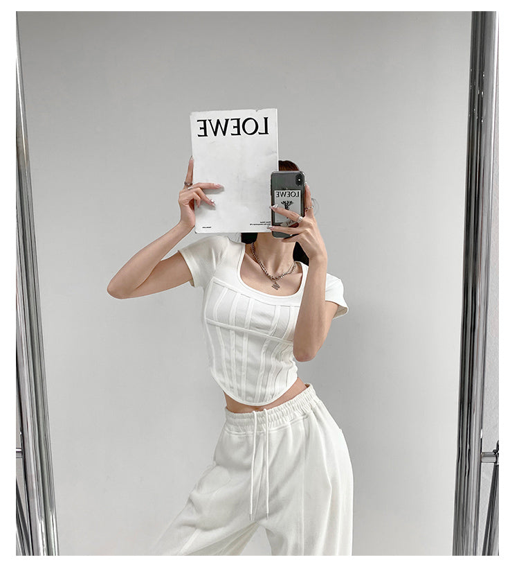 Summer Bright Line White T-shirt Women Slim Square Neck Short Sleeve Cropped Tops Female - MERGE.DAY.1.FREESTYLE
