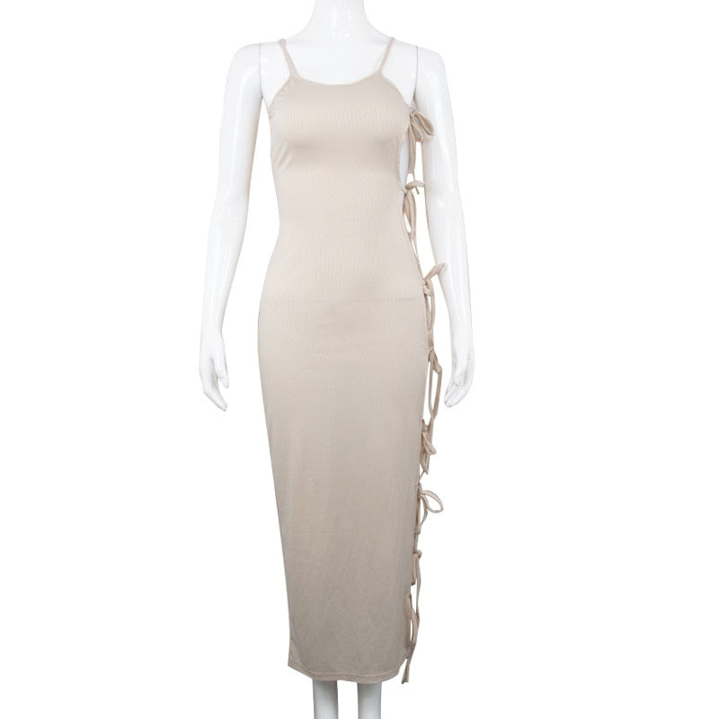Side Hollow Out Bandage Long Dress Streetwear Beige Lace-up Sapghetti Strap Vestito - MERGE.DAY.1.FREESTYLE