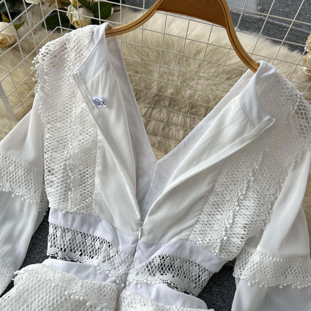 Lace Hollow Out White Dress Women Elegant V-neck Beach Holiday Style Dress - MERGE.DAY.1.FREESTYLE