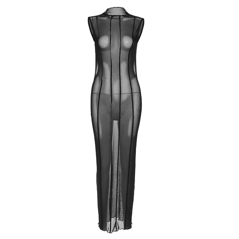 Mesh O Neck Long Sleeves Backless Lace Up See Through Sexy Bodycon Maxi Dress - MERGE.DAY.1.FREESTYLE
