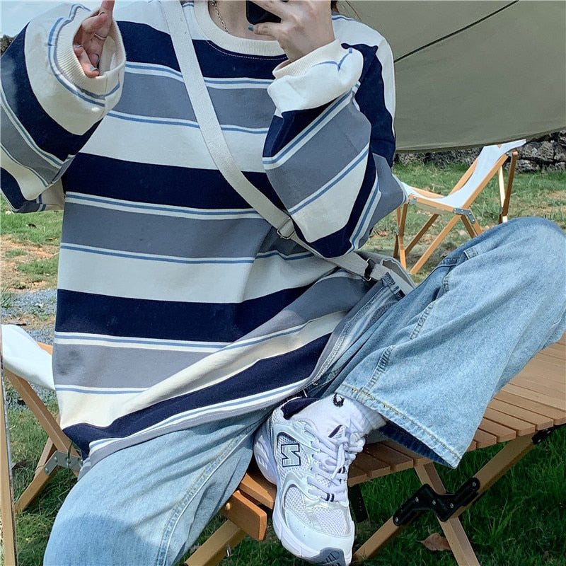 Striped POLO Shirt Men Women Casual Loose Couple BF Lapel Sweatshirts - MERGE.DAY.1.FREESTYLE