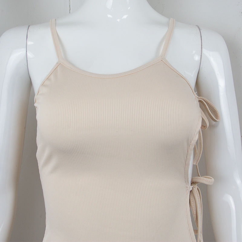 Side Hollow Out Bandage Long Dress Streetwear Beige Lace-up Sapghetti Strap Vestito - MERGE.DAY.1.FREESTYLE