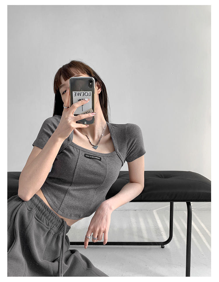 Curved Crop Tops Women Summer Square Collar Short Sleeve T-Shirt Fashion Slim Woman - MERGE.DAY.1.FREESTYLE