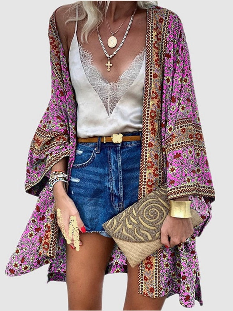 Cardigan Women Bohemian Floral Printed Blouse Open Front Loose Beach Tops Vintage Long Sleeve - MERGE.DAY.1.FREESTYLE