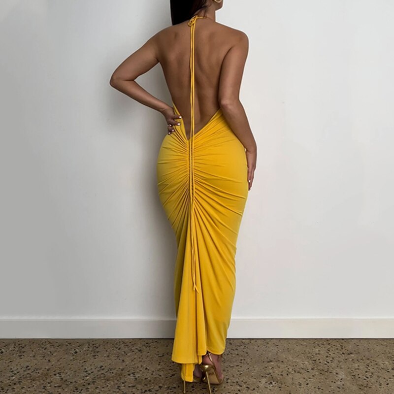 Halter Bandage Sleeveless Backless Shirring Draped Maxi Dress Sexy Streetwear - MERGE.DAY.1.FREESTYLE