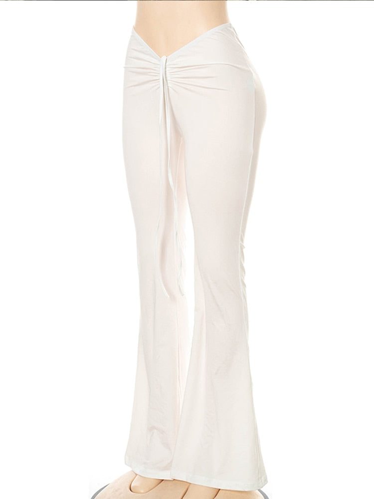 Women Slim Flare Pants Low Waist Drawstring Ruched Wide Leg White Trousers Joggers Sweatpants - MERGE.DAY.1.FREESTYLE