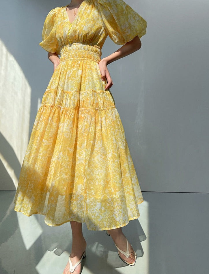 V-neck Elastic Waist Ladies Floral Printed Dress Spring Summer Vintage Puff - MERGE.DAY.1.FREESTYLE