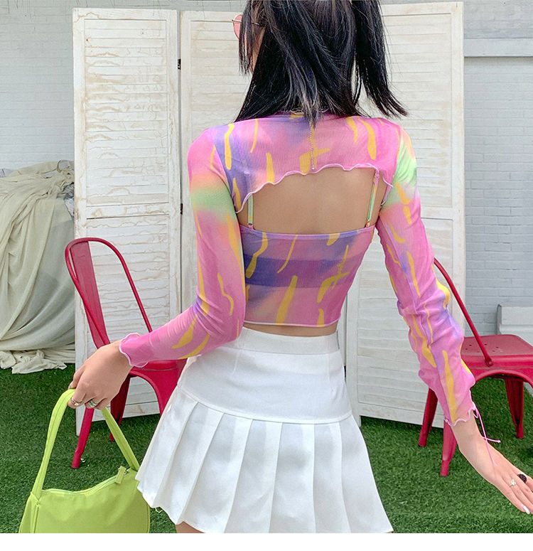 Hollow Bandage T-Shirt Women Sweet Suits Color Pattern Mesh Camisole + Long Sleeve Smock Female - MERGE.DAY.1.FREESTYLE