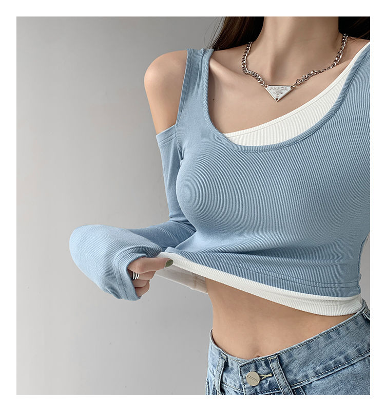 Patchwork Women's T-shirt Fake Two-piece Slim Long Sleeve Y2K Crop Tops Woman - MERGE.DAY.1.FREESTYLE