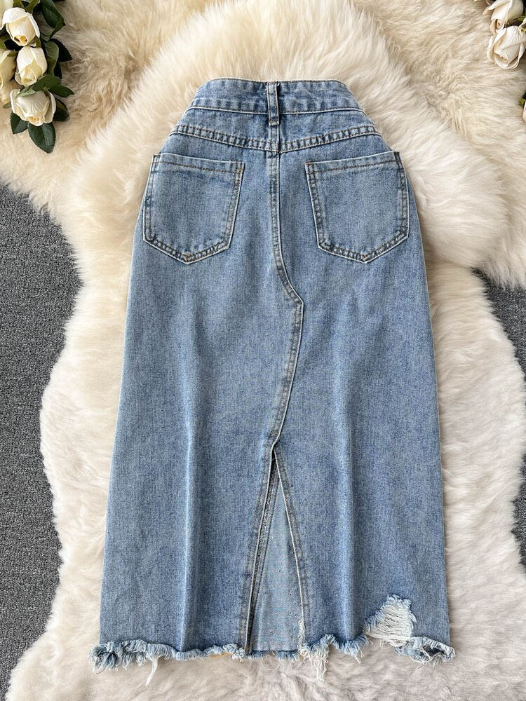 Beading Split Denim Skirts Women High Waist A-line Irregular Jeans Skirts - MERGE.DAY.1.FREESTYLE