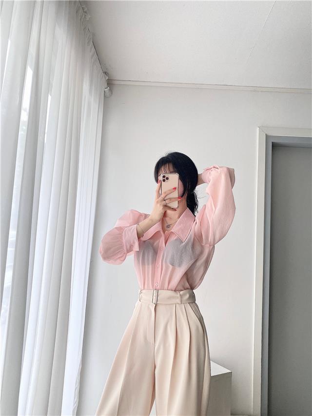 See Through Button Down Shirts Women New Loose Long Sleeve Blouse Female 2022 Summer Suncreen Tops - MERGE.DAY.1.FREESTYLE