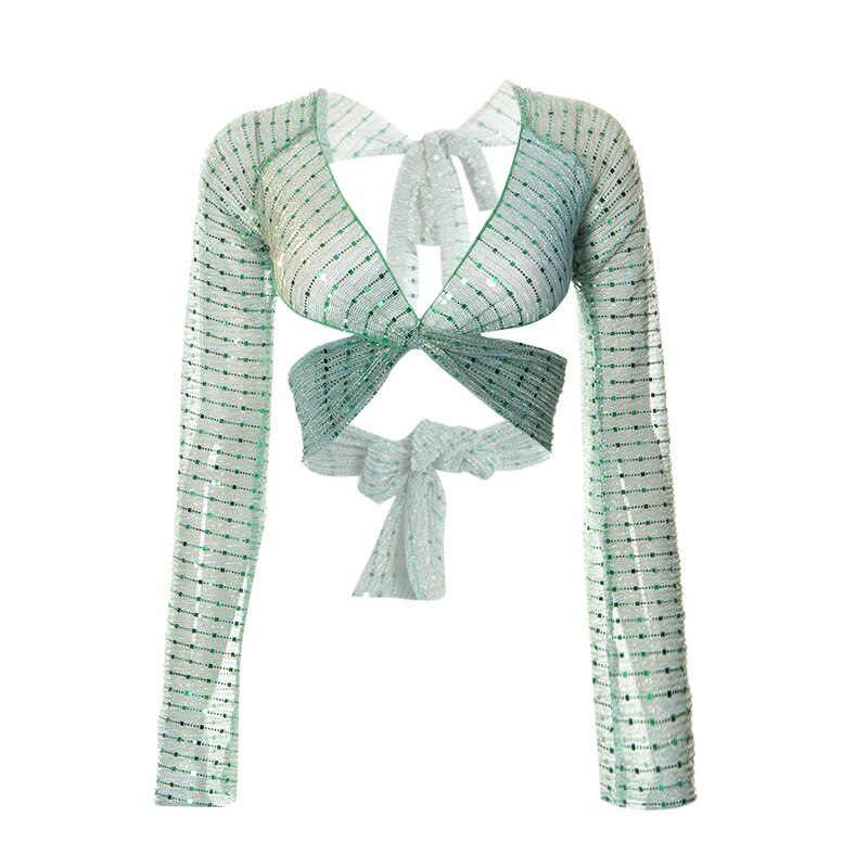 Bling Glitter Sequins Bell Long Sleeve Lace Up Crop Top Blouse Y2K - MERGE.DAY.1.FREESTYLE