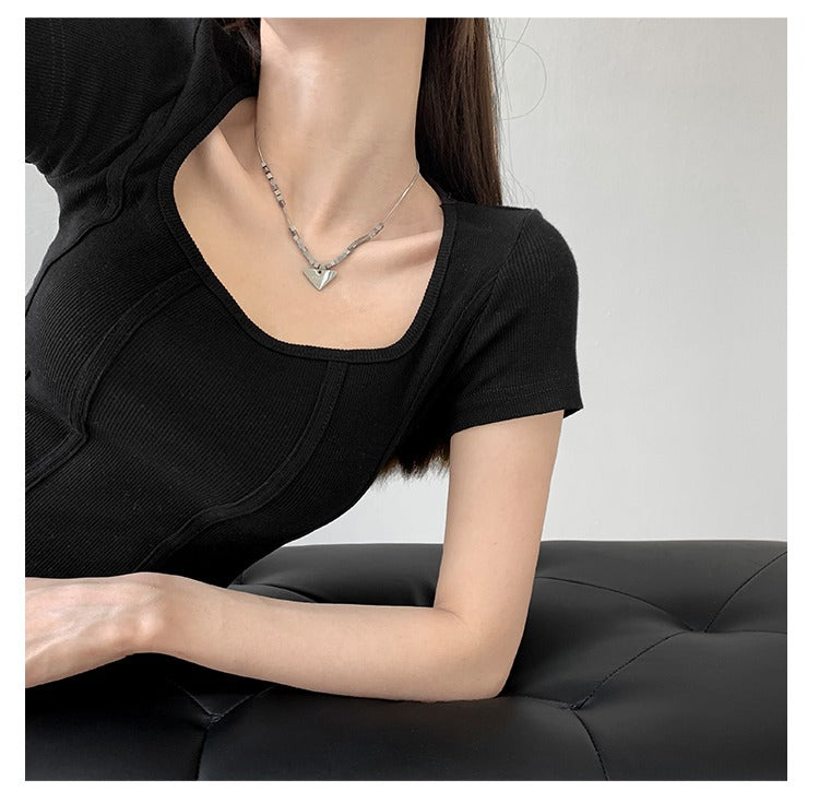 Vintaege Y2K Tops Women Summer Square Collar Short Sleeve T-shirt Fishbone Line Slim Crop - MERGE.DAY.1.FREESTYLE