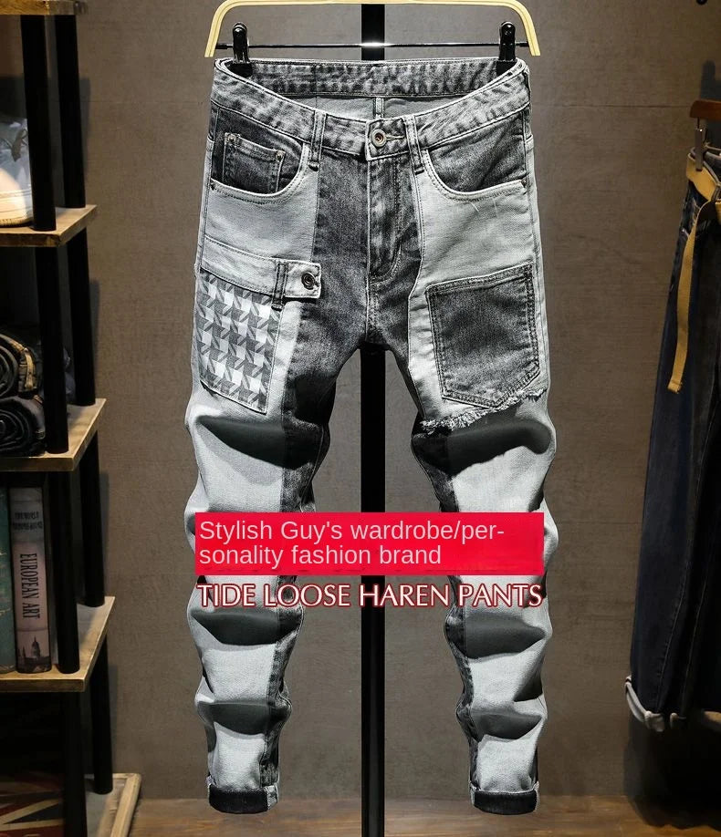 Streetwear 90s Slim Cowboy Grey Stretch Work Wear Splice Long Pants Man - MERGE.DAY.1.FREESTYLE