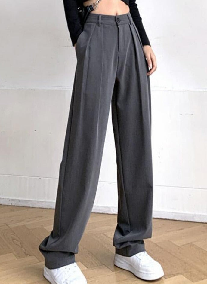 Long Suit Pants High Waist Button Women Wide Leg Trousers - MERGE.DAY.1.FREESTYLE