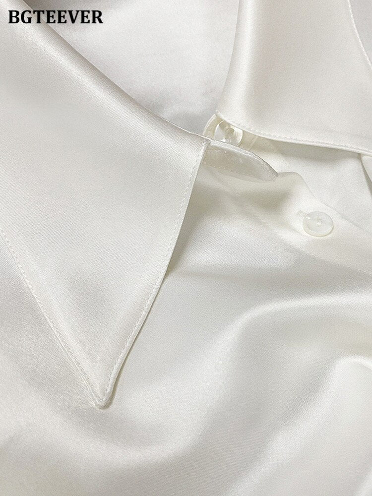 Turn-down Collar Solid Blouses Women Full Sleeve Loose Single-breasted Satin Shirts - MERGE.DAY.1.FREESTYLE