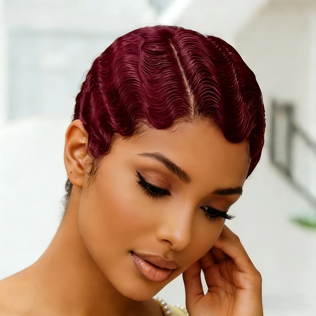 13X4 Lace Front Wig Brazilian Human Hair Finger Wave Short Pixie Cut Wig for Women 180% Density - MERGE.DAY.1.FREESTYLE