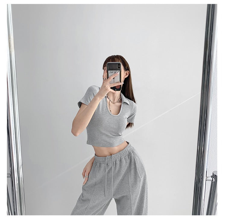 Y2K Tops Women U-shaped Lapel Short Sleeve Tees Summer High Waist Thread Crop Top - MERGE.DAY.1.FREESTYLE