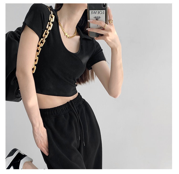 Y2K Tops Women U-shaped Lapel Short Sleeve Tees Summer High Waist Thread Crop Top - MERGE.DAY.1.FREESTYLE