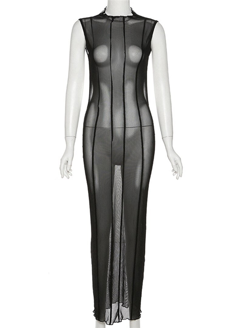 Mesh O Neck Long Sleeves Backless Lace Up See Through Sexy Bodycon Maxi Dress - MERGE.DAY.1.FREESTYLE