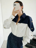 Patchwork Lapel Women Shirts Long Sleeve Single-breasted Loose Female Blouses - MERGE.DAY.1.FREESTYLE