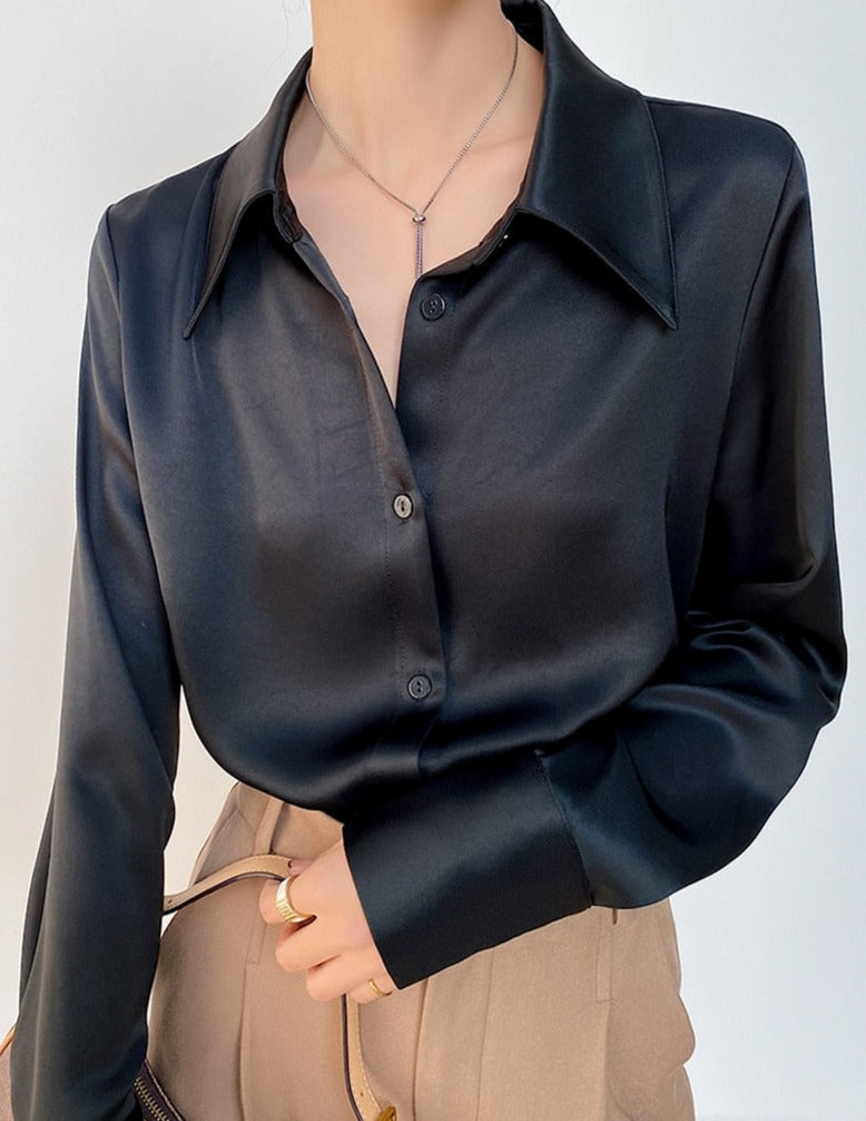 Turn-down Collar Solid Blouses Women Full Sleeve Loose Single-breasted Satin Shirts - MERGE.DAY.1.FREESTYLE