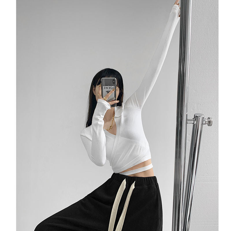 Waist Cross Bandage Polo Shirt Women Y2K Tops Fashion Fitness V-neck T-shirts Woman - MERGE.DAY.1.FREESTYLE