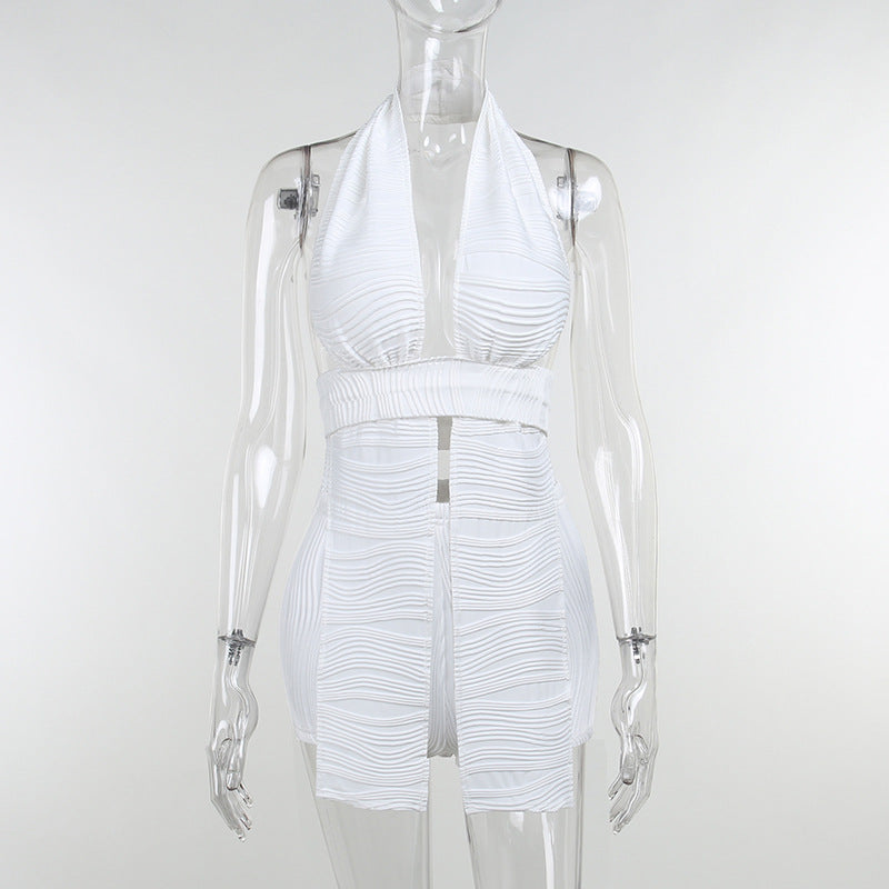 White Deep V-neck Halter Bandage 2 Pieces Sets Sleeveless Backless Suits Outfits with Shorts - MERGE.DAY.1.FREESTYLE
