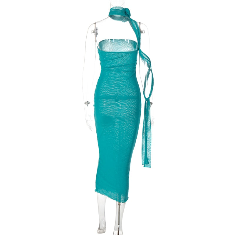 Mesh Flower Scarf Strapless Solid Elegant Sexy Bodycon Midi Prom Dress - MERGE.DAY.1.FREESTYLE