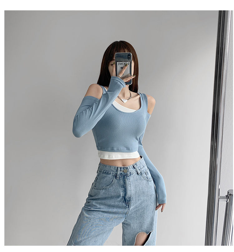 Patchwork Women's T-shirt Fake Two-piece Slim Long Sleeve Y2K Crop Tops Woman - MERGE.DAY.1.FREESTYLE