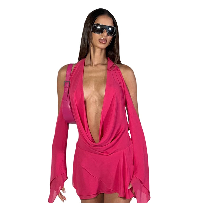 Halter Long Sleeves Irregular Draped Mini Dress - MERGE.DAY.1.FREESTYLE