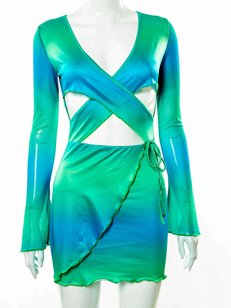 Sexy Tie Dye Bodycon Mini Dress Women Hollow Out Long Sleeve Mesh Skinny Summer 2022 - MERGE.DAY.1.FREESTYLE