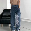 retro hip-hop letter embroidery jeans loose straight-leg pants wide-leg pants for men and women couples - MERGE.DAY.1.FREESTYLE