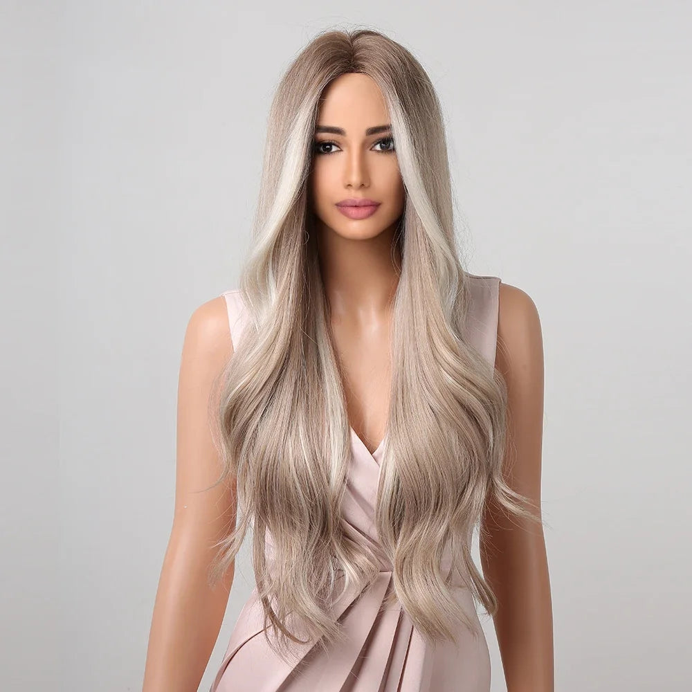 Platinum Blonde with White Highlight Dark Roots Synthetic Hair Wigs for Women Long Wavy Cosplay Daily Party Use Heat Resistant - MERGE.DAY.1.FREESTYLE