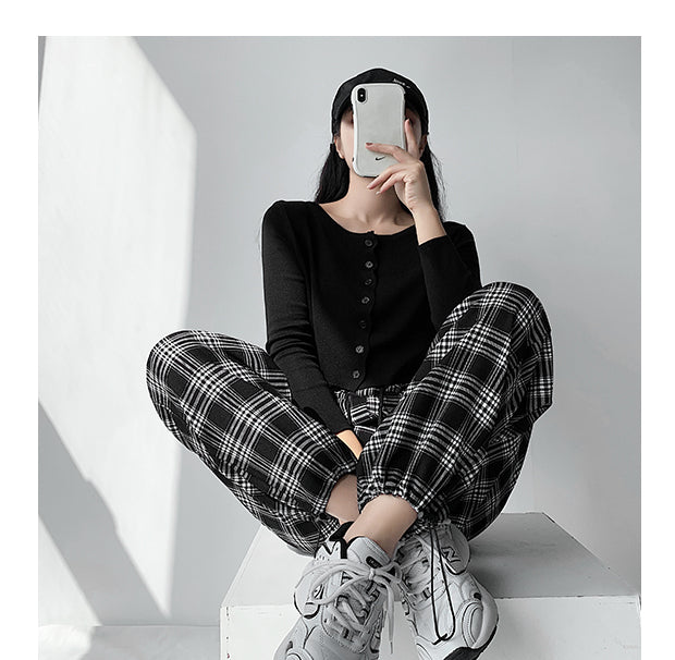 Plaid Pants Women High Waist Drawstring Loose Straight Baggy Pants 2022 Spring and Summer - MERGE.DAY.1.FREESTYLE