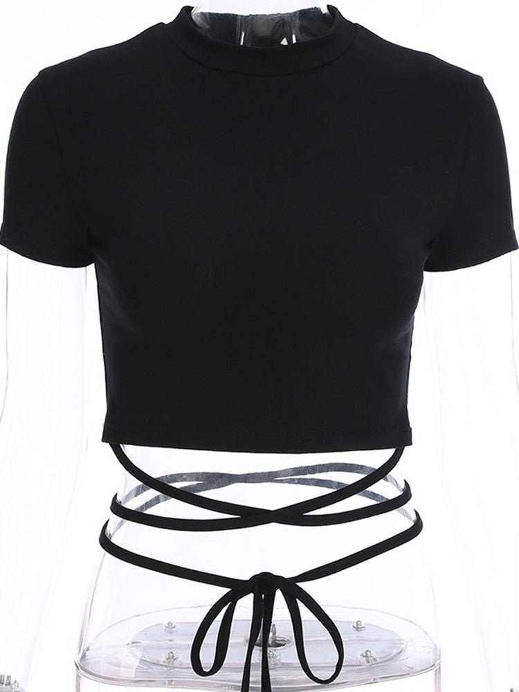 Summer Women Black Short T-Shirts Sexy Crop Tops Short Sleeve Bandage Tee Tops Female Shirts - MERGE.DAY.1.FREESTYLE