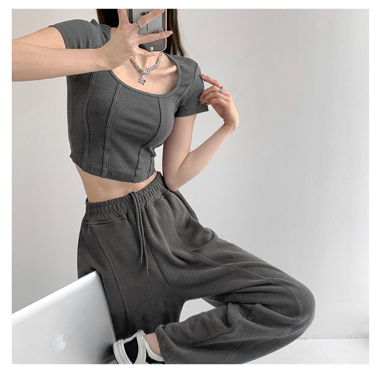 Vintaege Y2K Tops Women Summer Square Collar Short Sleeve T-shirt Fishbone Line Slim Crop - MERGE.DAY.1.FREESTYLE
