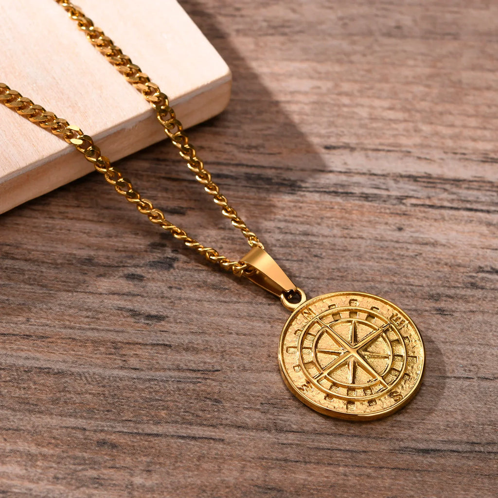 Gold Compass Necklaces,Vintage Viking North Star Anchor Medal - MERGE.DAY.1.FREESTYLE