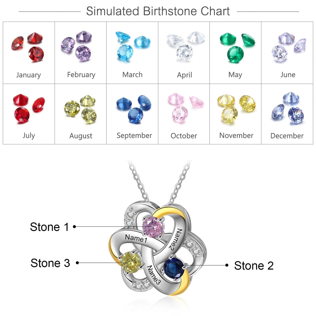 Personalized 3 Names Necklace Birthstone Engraved Flower Pendants - MERGE.DAY.1.FREESTYLE