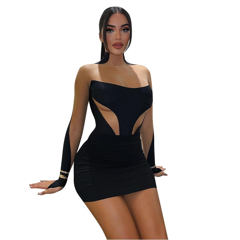 Long Sleeve Patchwork Mesh See Through Sexy Bodycon Mini Dress Evening Clothes - MERGE.DAY.1.FREESTYLE