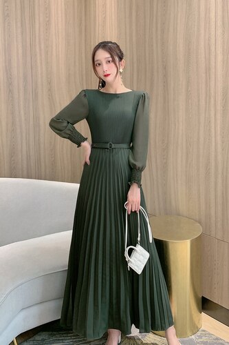 O-neck Long Sleeve A-line Dress Office Lady Pleated Maxi Dress - MERGE.DAY.1.FREESTYLE
