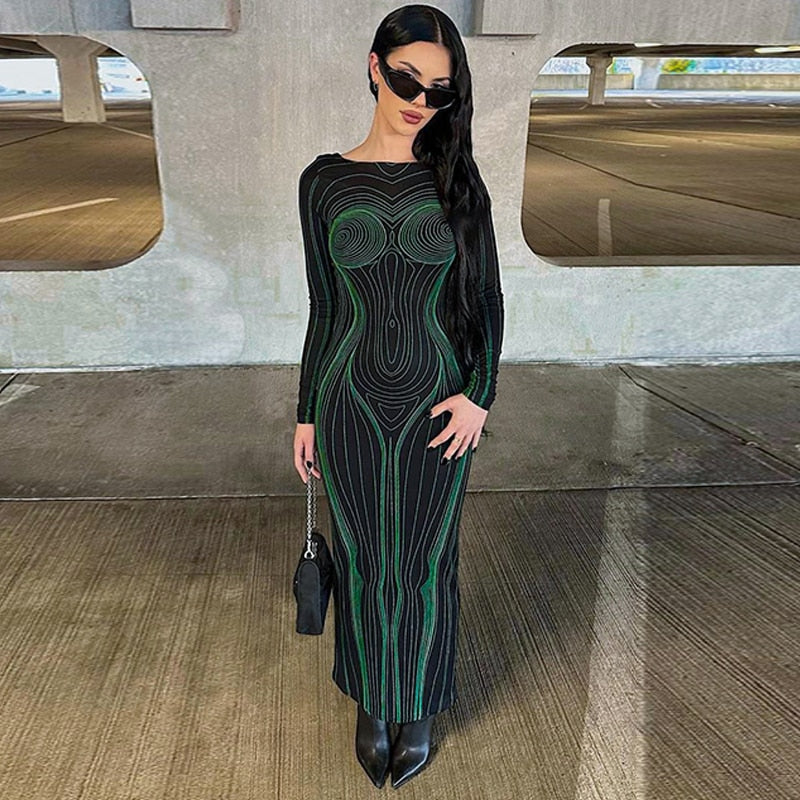 Striped Print Long Sleeve See Through Sexy Bodycon Maxi Dress - MERGE.DAY.1.FREESTYLE