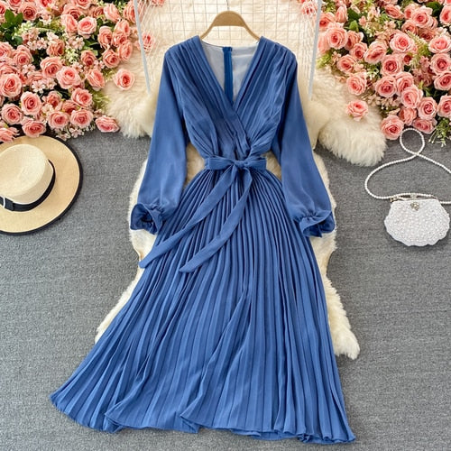 Slim Dress Elegant A Line V Neck Puff Sleeve Chiffon Pullover Mid-Calf Dresses - MERGE.DAY.1.FREESTYLE