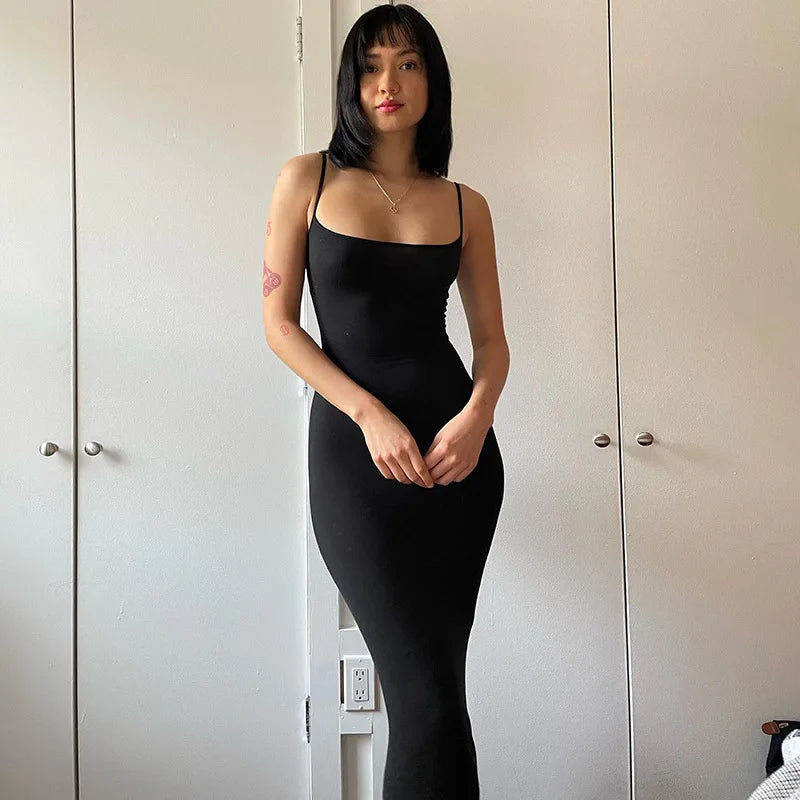 Spaghetti Strap Black Long Sleeveless Skinny Bodycon Dress Y2k - MERGE.DAY.1.FREESTYLE