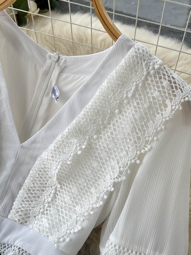 Lace Hollow Out White Dress Women Elegant V-neck Beach Holiday Style Dress - MERGE.DAY.1.FREESTYLE
