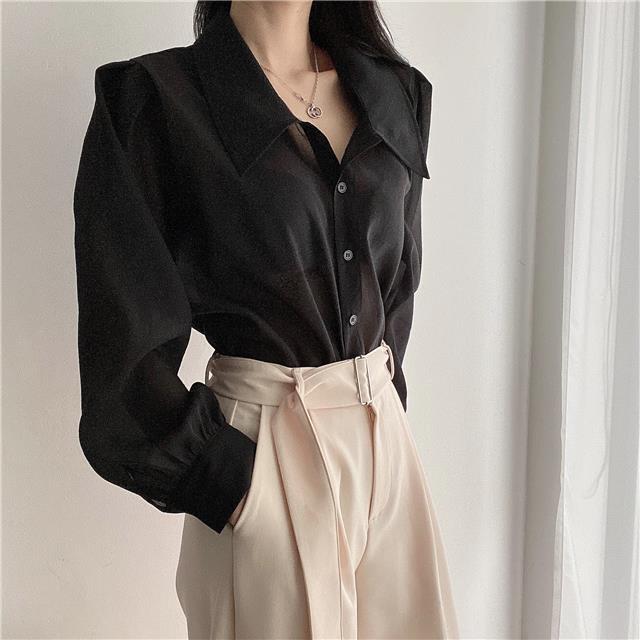 See Through Button Down Shirts Women New Loose Long Sleeve Blouse Female 2022 Summer Suncreen Tops - MERGE.DAY.1.FREESTYLE