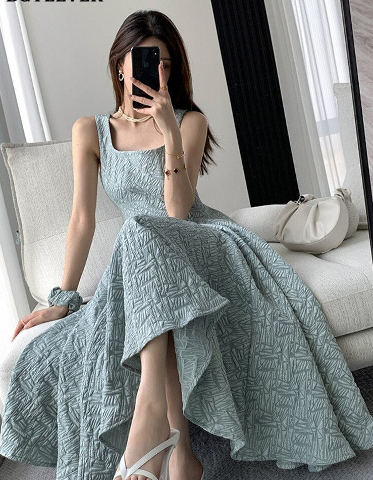 Vintage Square Collar A-line Dress Summer Sleeveless Slim Waist Female Midi Dress - MERGE.DAY.1.FREESTYLE