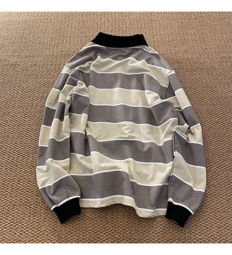 Striped POLO Shirt Men Women Casual Loose Couple BF Lapel Sweatshirts - MERGE.DAY.1.FREESTYLE