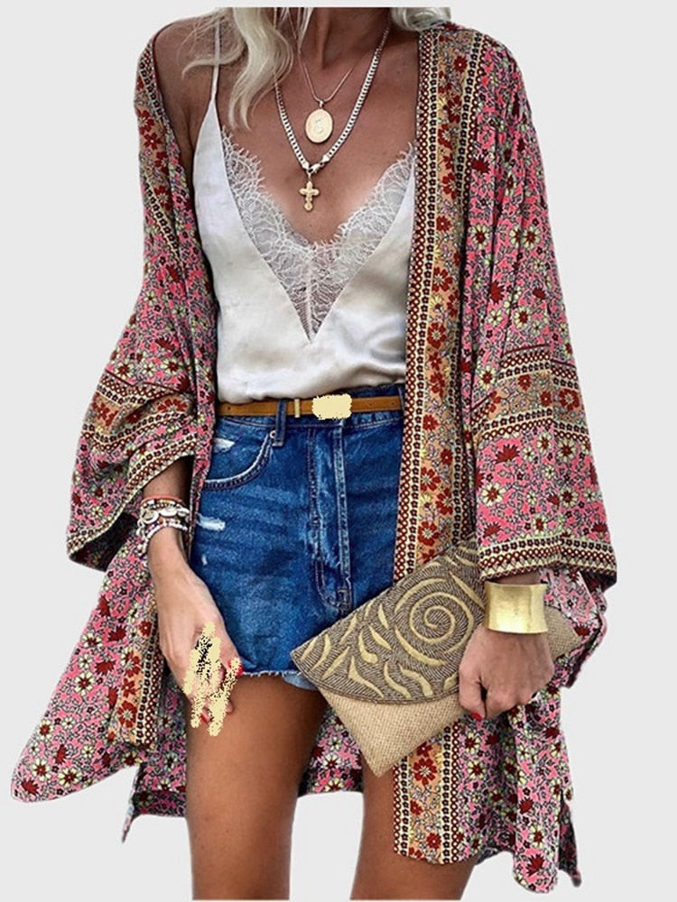 Cardigan Women Bohemian Floral Printed Blouse Open Front Loose Beach Tops Vintage Long Sleeve - MERGE.DAY.1.FREESTYLE